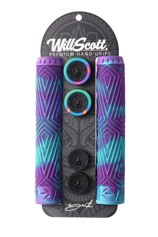The Blunt Envy Will Scott Purple / Teal Stunt Scooter Grips - 170mm are premium hand grips made from thermoplastic rubber compounds. This set includes two vibrant grips featuring blue and purple geometric patterns, along with four handlebar plugs that have an interchangeable halo bar end design, complete with star motifs.