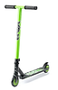 Introducing the Xootz Youth Stunt Scooter - Brainache, a green and black scooter designed for young riders. This model features durable aluminium construction, a T-shaped handlebar with textured grips, and two small wheels. The deck is adorned with a colorful pattern, while the green-spoked wheels are perfect for mastering new tricks.