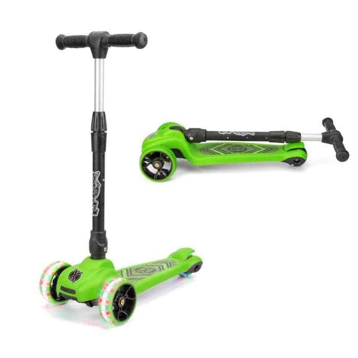 Presenting the Xootz Scout Foldable Tri-Scooter in a vibrant green finish, this stylish ride from Xootz features three wheels and a modern black T-bar handle. The front wheels are equipped with colorful LED lights for added flair. The scooter's design showcases its ease of use and fashionable appeal, demonstrated both in its assembled state and when folded for convenience.