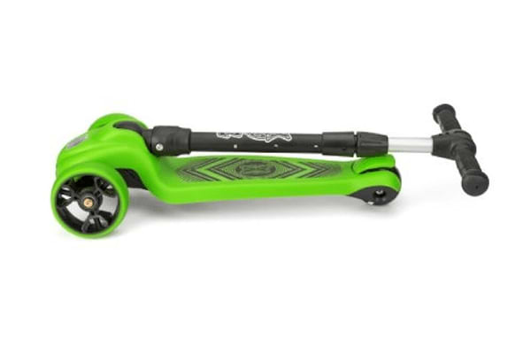 A Xootz Scout Foldable Tri-Scooter in green, featuring black handles and a textured footboard, is resting on its side. The larger front wheel contrasts with the two rear wheels that have LED features for an eye-catching ride. An adjustable handlebar enhances the convenience of this trendy scooter from Xootz.
