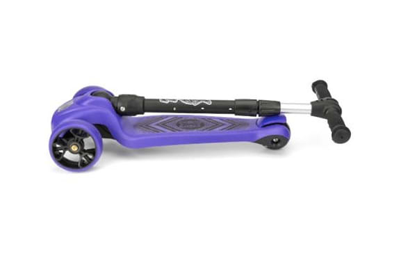 The Xootz Scout Foldable Tri-Scooter in purple, crafted by Xootz, is displayed with its black handlebars and sleek design. It boasts durable wheels, an adjustable handlebar, and vibrant LED lights, and can be folded flat for easy storage or transport.