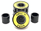 Close-up of a pack of four Logic ABEC 11 Yellow Scooter Bearings, featuring a striking black and yellow design, labeled "608RS" for optimal speed performance. These premium bearings are accompanied by two sleek black cylindrical spacers, all set against a clean white background.