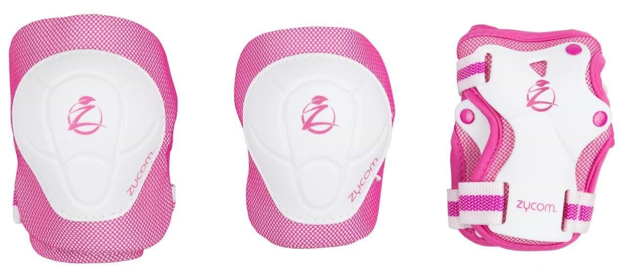 Introducing the Zycom Child Combo Skate Protection Pad Set in Pink and White: this set includes three pads—two for either knees or elbows and one wrist guard. Enhanced with EVA foam padding, it provides outstanding protection for children during skating and similar activities. The mesh design highlights the Zycom logo prominently.