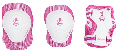 Introducing the Zycom Child Combo Skate Protection Pad Set in Pink and White: this set includes three pads—two for either knees or elbows and one wrist guard. Enhanced with EVA foam padding, it provides outstanding protection for children during skating and similar activities. The mesh design highlights the Zycom logo prominently.