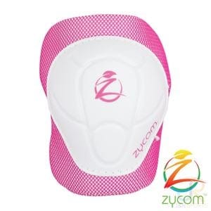 The Zycom Child Combo Skate Protection Pad Set in pink and white prominently displays the word "zycom" as well as a stylized "Z" logo. Designed with EVA foam padding, this product is ideal for child protection. Its straightforward backdrop accentuates its design features.