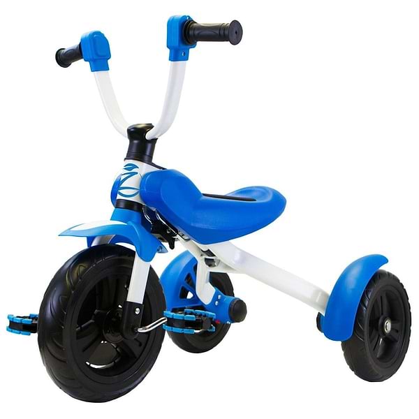 The Zycom Folding Ztrike Pedal Trike is a chic black and blue children's tricycle designed with comfort in mind, featuring black wheels and a comfortable seat along with handlebars. Its sleek design includes a larger front wheel for smooth rides and two smaller rear wheels for added stability, while the convenient folding mechanism offers easy storage.