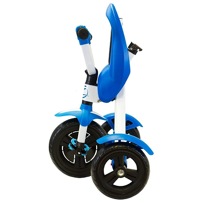 Introducing the Zycom Folding Ztrike Pedal Trike - Black / Blue, a tricycle featuring large black wheels and a striking blue design. This model includes a curved seat and handlebars, making it easy to transport and store thanks to its innovative folding mechanism.