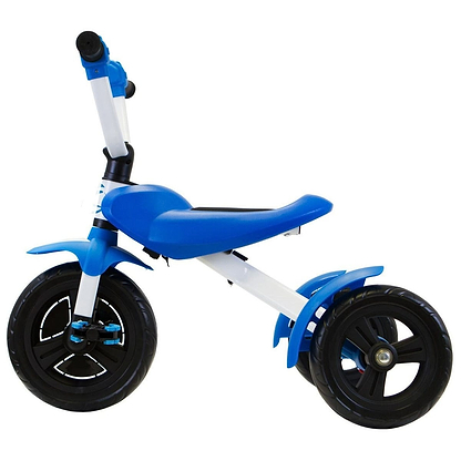 The Zycom Folding Ztrike Pedal Trike is a compact children's bike in black and blue, designed without pedals or training wheels to help toddlers develop their balance skills before moving on to a standard bicycle.