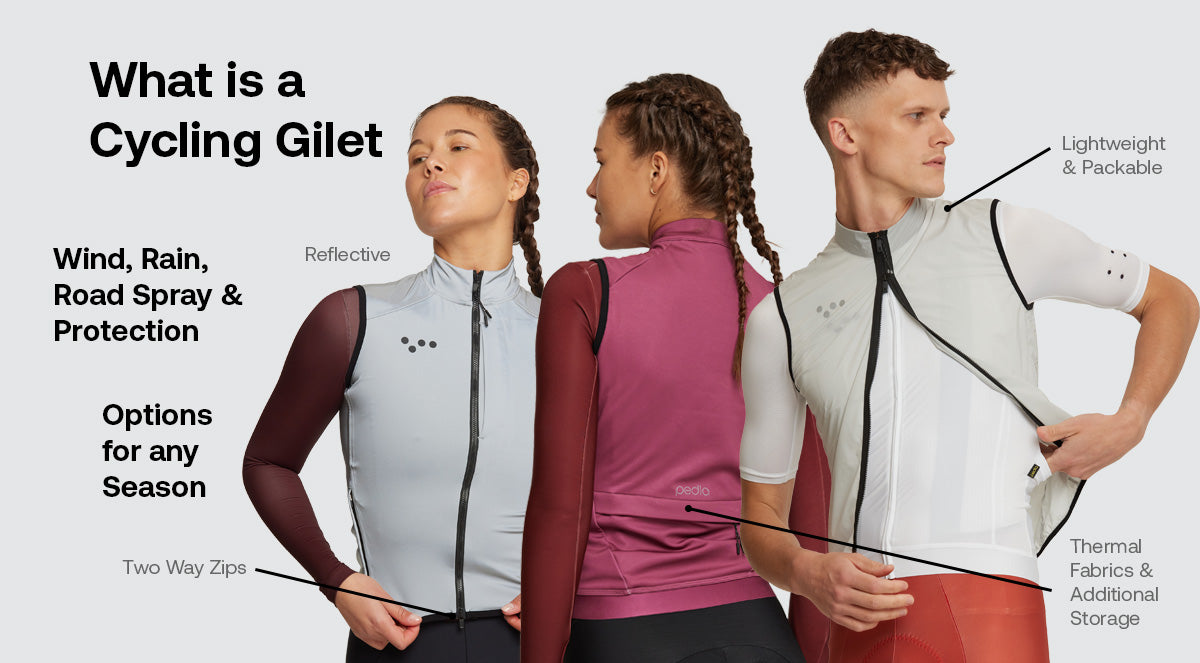 Three cyclists showcasing different types of cycling gilets by Pedla, demonstrating features such as reflective elements, lightweight and packable design, thermal fabrics, and additional storage. The image answers 'What is a cycling gilet?' by highlighting its use for wind, rain, and road spray protection across all seasons.