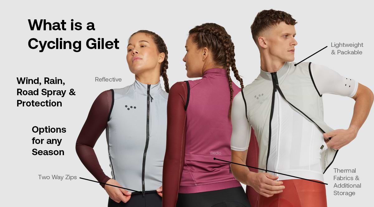 Three cyclists showcasing different types of cycling gilets by Pedla, demonstrating features such as reflective elements, lightweight and packable design, thermal fabrics, and additional storage. The image answers 'What is a cycling gilet?' by highlighting its use for wind, rain, and road spray protection across all seasons.