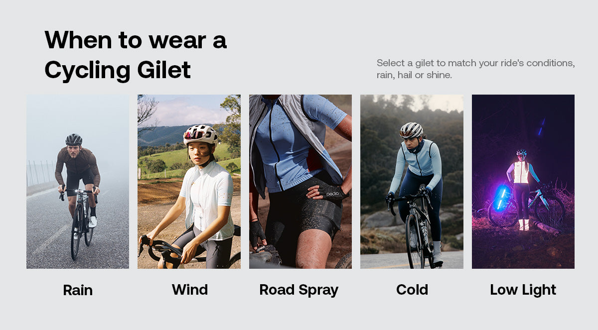 Image answering the question 'When to wear a cycling gilet?' with cyclists depicted in various conditions: rain, wind, road spray, cold, and low light. Showcasing Pedla cycling gilets for different weather and visibility needs.