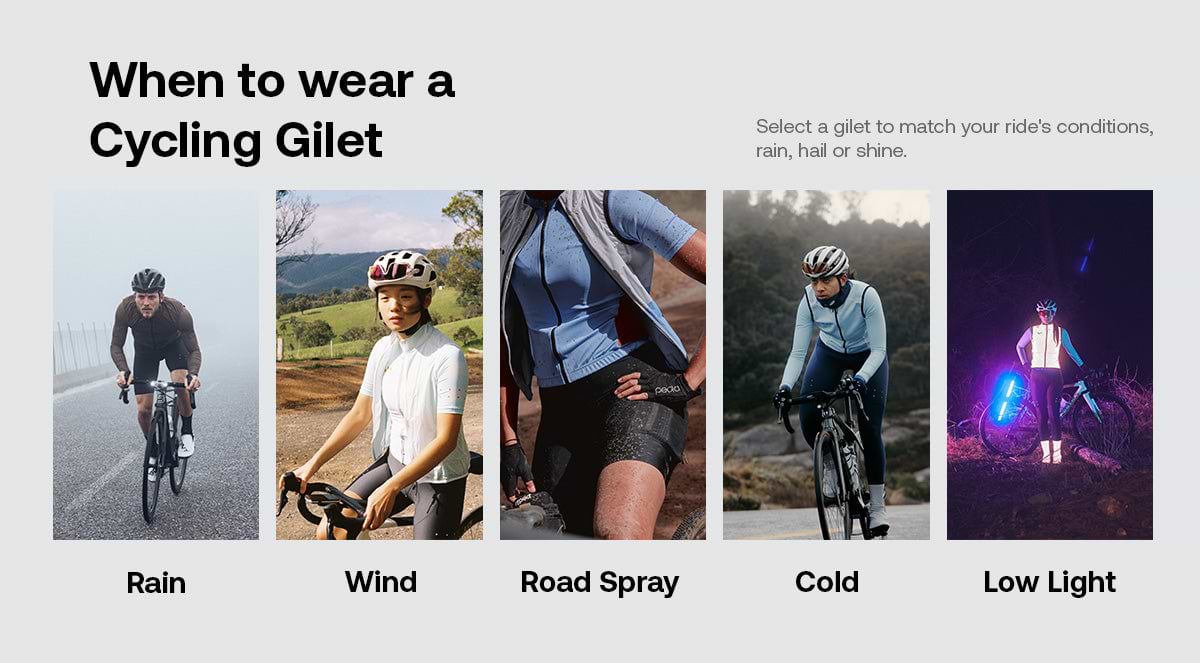 Image answering the question 'When to wear a cycling gilet?' with cyclists depicted in various conditions: rain, wind, road spray, cold, and low light. Showcasing Pedla cycling gilets for different weather and visibility needs.