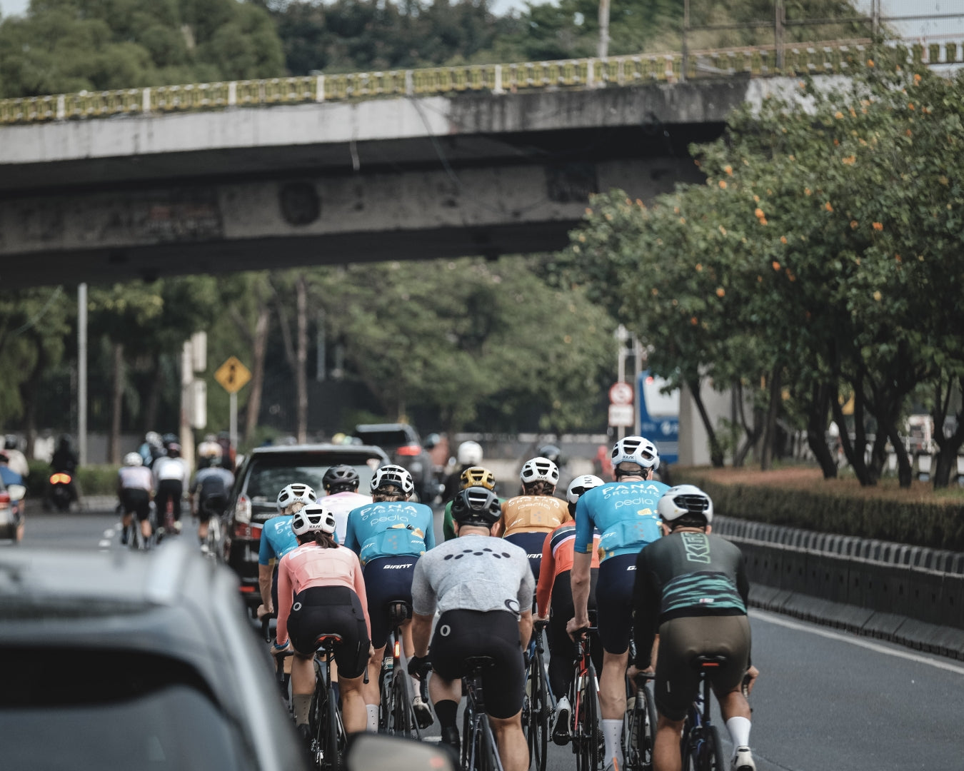A group of riders cycle down a busy city street amongst the traffic