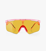 AlbaOptics DELTA Cherry Gloss pink sports sunglasses with ventilated VZUM interchangeable yellow lens, lightweight TR90 frame, ergonomic temples, optical-clip compatible, anti-fog cycling glasses, handmade in Italy