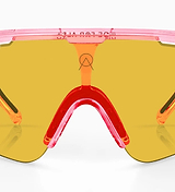 Alba Optics DELTA Cherry Gloss cycling sunglasses with yellow ventilated VZUM interchangeable lens, lightweight TR90 frame, ergonomic temple tips, optical-clip compatible, 26g performance sport glasses, handmade in Italy