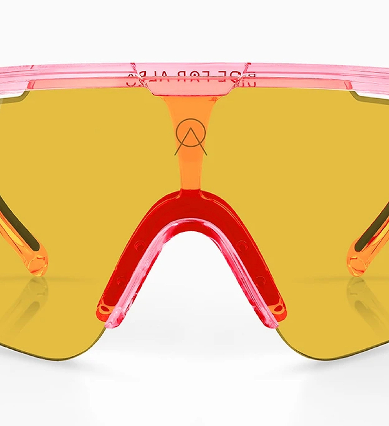 Alba Optics DELTA Cherry Gloss cycling sunglasses with yellow ventilated VZUM interchangeable lens, lightweight TR90 frame, ergonomic temple tips, optical-clip compatible, 26g performance sport glasses, handmade in Italy