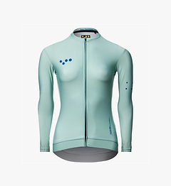 Women's classic long sleeve cycling jersey in light teal, form-fitting road cycling top with SPF50 breathable, moisture-wicking four-way stretch fabric, ventilation panels and silicone gripper hem for secure fit