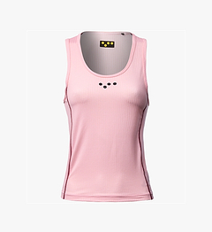 BOLD Essentials women's powder-pink cycling base layer racerback tank, lightweight breathable mesh, moisture-wicking, flatlock seams and reinforced neck/arm binding — slim all-season road, gravel and commuter cycling layer