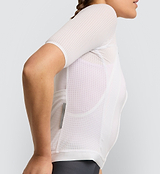 Closeup of Elements Women's Air Jersey in white, best fit moisture wicking cycling jersey for summer and all season rides.