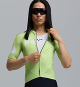 Close-up of men's lime Glow Dots Air Jersey cycling jersey with breathable mesh panels, moisture-wicking fabric, zip-front performance fit, 3 rear pockets, UPF 15+ sun protection for hot-weather road riding