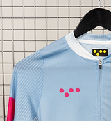 Men's Air long-sleeve cycling jersey, blue gradient with pink dot logo, lightweight zip-front road jersey with breathable mesh panels, moisture-wicking fabric and UPF 15+ sun protection for warm-weather rides