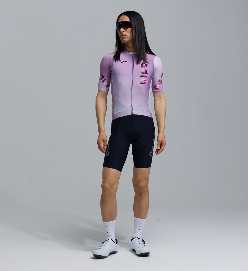 Men's Classic cycling jersey mauve fade dots print — LunaLUXE performance road jersey, SPF50 breathable, moisture-wicking, four-way stretch, extended sleeves, low-cut collar, ventilation panels and silicone hem gripper