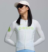 Close-up of men's Porcelain Glow Dots long-sleeve cycling jersey, form-fitting performance road jersey with SPF 50 breathable moisture-wicking fabric, four-way stretch, ventilation panels and silicone hem gripper