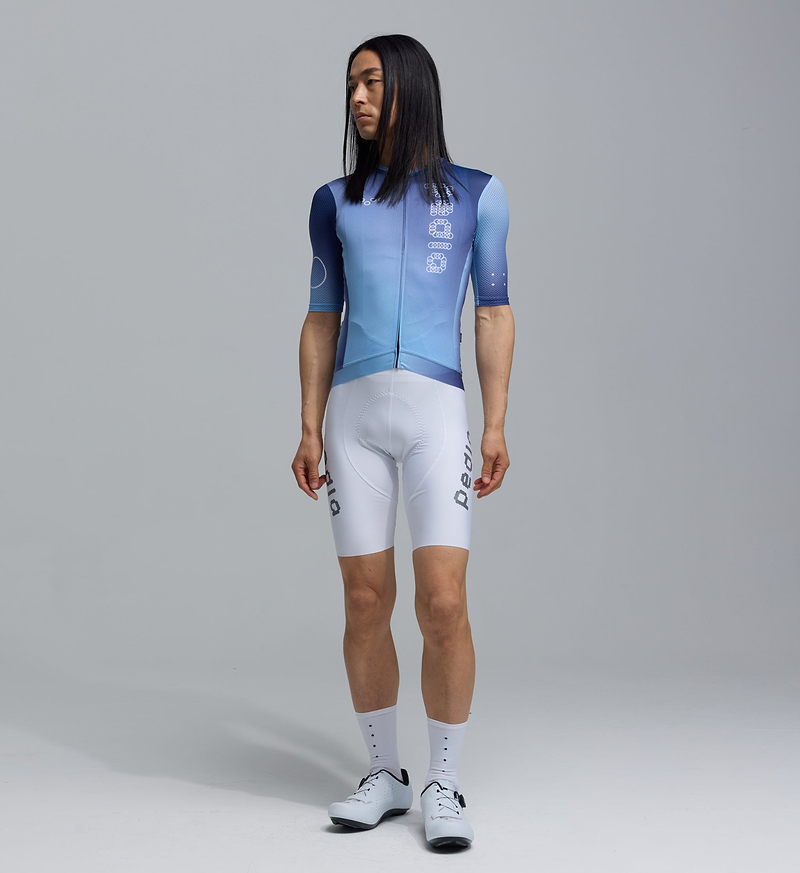 LunaAir men's navy gradient race-fit cycling jersey with breathable AIR mesh sleeves, moisture-wicking fabric, UPF 35+ sun protection, silicon hem, extended sleeves, low-cut collar and three rear pockets