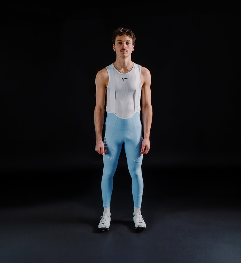 Men's SuperFIT 2.0 powder blue cycling bib tights, Pedla long bibs with Elastic Interface chamois, Italian breathable fabric, aerodynamic fit, reflective logos, enhanced muscle support and comfort