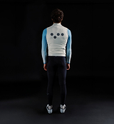 Men's porcelain thermal cycling gilet back view — windproof, waterproof thermal knit vest with reflective dots, concealed large back zip pocket, hem gripper, SAB two-way waterproof zip, lightweight standard-fit winter layering