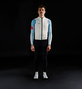 Men's porcelain thermal cycling gilet front view, lightweight windproof waterproof cycling vest with thermal knit, two-way waterproof zip, hem gripper, concealed back pocket and reflective details