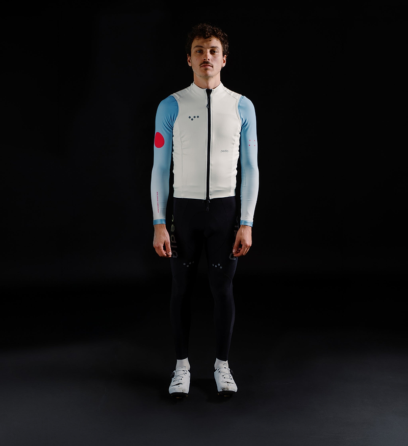 Men's porcelain thermal cycling gilet front view, lightweight windproof waterproof cycling vest with thermal knit, two-way waterproof zip, hem gripper, concealed back pocket and reflective details