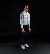 Dots men's porcelain thermal cycling gilet side view — windproof waterproof thermal knit with advanced membrane, soft matte finish, SAB two-way waterproof zip, hem gripper, reflective chest/back/shoulder details, concealed rear zip pocket