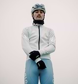 Men's porcelain thermal cycling jacket front view—windproof waterproof thermal knit with SAB two-way zipper, reflective chest and sleeves, hem gripper and concealed rear pocket for winter training and commuting