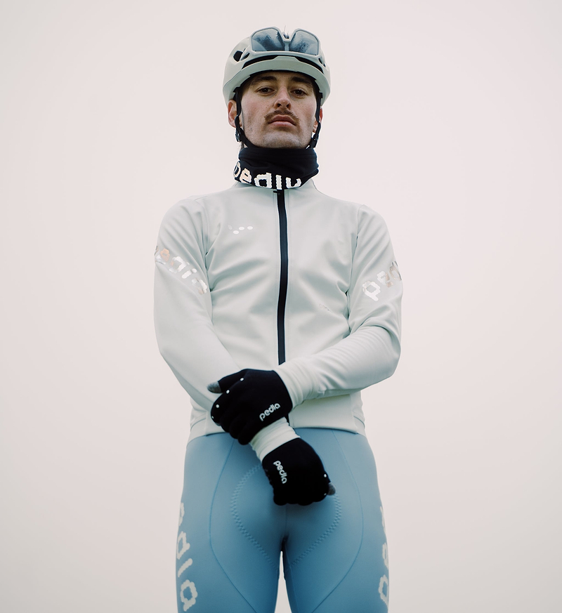 Men's porcelain thermal cycling jacket front view—windproof waterproof thermal knit with SAB two-way zipper, reflective chest and sleeves, hem gripper and concealed rear pocket for winter training and commuting