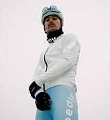Men's porcelain thermal cycling jacket side view, windproof waterproof winter bike jacket with thermal performance knit, reflective chest and sleeves, SAB two-way zipper, concealed rear pocket and hem gripper