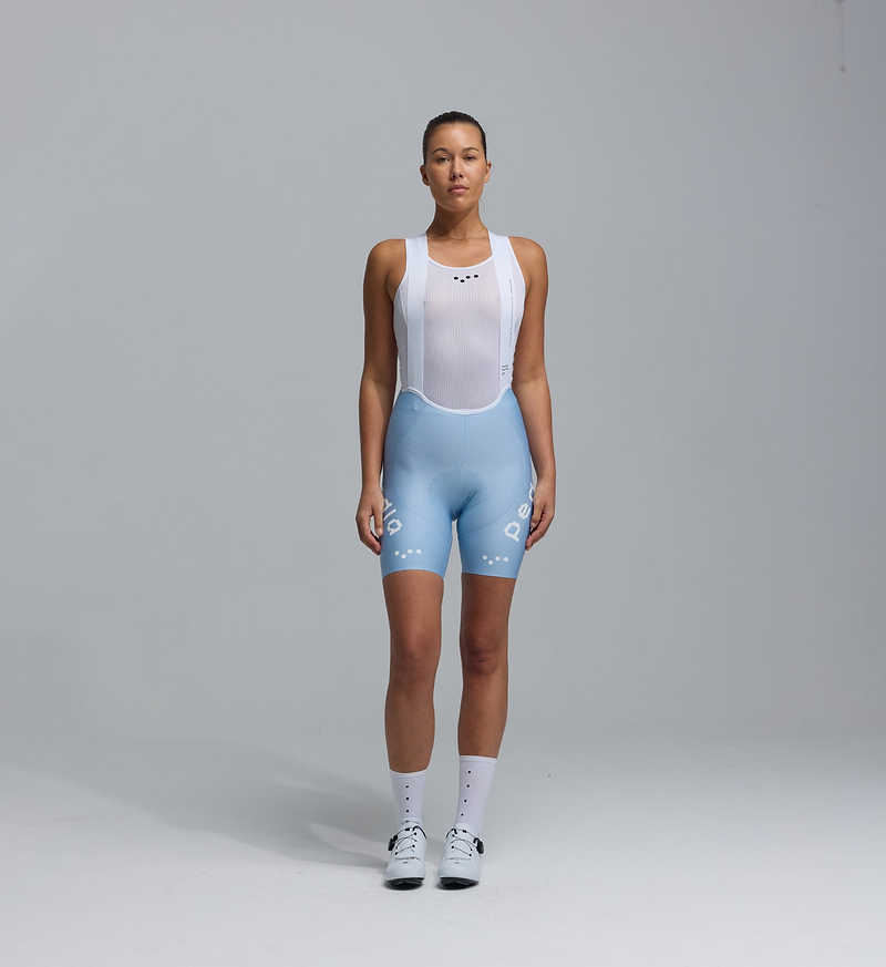 Women's SuperFIT 2.0 powder blue cycling bib shorts front - performance road bib, breathable Italian fabric, Elastic Interface chamois, seamless non-stitched cuffs, reflective logos, ergonomic muscle support, aerodynamic fit