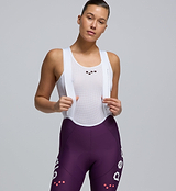 Close-up of Women’s SuperFit 2.0 Bib Tight in Aubergine featuring premium Italian fabric, chamois, and reflective detailing