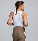 Close-up of Women’s SuperFit 2.0 Bib Tight in Stone showing premium Italian fabric, chamois, and reflective details