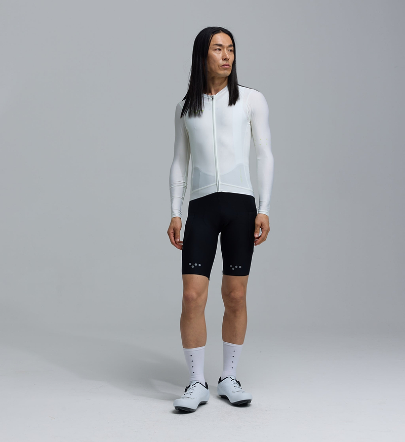 Men's long sleeve porcelain cycling jersey — form-fitting performance road jersey with SPF 50 breathable, moisture-wicking four-way stretch, side ventilation panels and silicone hem gripper
