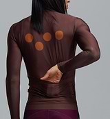 Men's long sleeve cycling jersey, wood-brown with orange dot graphic — form-fitting breathable SPF50 fabric, moisture-wicking four-way stretch, side ventilation panels, silicone gripper hem, rear pockets