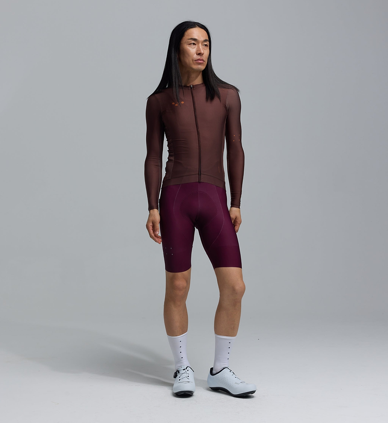 Men's classic long sleeve cycling jersey in wood brown — breathable SPF50 moisture-wicking road/training jersey with four-way stretch, ventilation panels, form-fitting cut and silicone gripper hem (LunaLUXE-inspired)