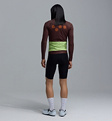 Men's midweight long-sleeve cycling jersey (wood brown), back view — breathable moisture-wicking thermal, articulated sleeves, hem gripper, two-way zipper, four side-wrap pockets with lime-green rear pocket, ideal for cool-weather layering