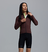Men's Essentials BOLD midweight long-sleeve cycling jersey, wood brown with lime side panels; breathable moisture-wicking thermal interior, articulated sleeves, hem gripper, SAB two-way zipper and four-pocket rear for cool-weather riding