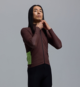 Men's midweight long-sleeve cycling jersey in wood brown, breathable moisture-wicking fabric with thermal brushed interior, articulated sleeves, hem gripper, SAB two-way zipper and four-pocket side-wrap for cool-weather riding
