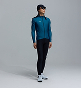 Men's teal thermal long-sleeve cycling jersey with Chillblock fleece interior, full two-way zip, moisture-wicking breathable fabric, reflective logos, UPF 50+, articulated sleeves, hem gripper, three rear pockets and zip pocket