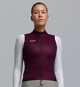Women's LITE cycling gilet in fig — lightweight windproof, water-resistant vest with breathable recycled fabric, mesh back, 2-way SAB zipper, silicone hem, reflective details, elastic armholes, 3 rear pockets for training/racing