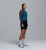 Teal women's Classic LITE cycling gilet side view, lightweight windproof water-resistant front, breathable recycled mesh back, reflective details, SAB two-way zipper, silicone hemline, three rear pockets