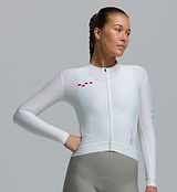 Women's porcelain long-sleeve performance cycling jersey, full-zip, form-fitting road bike jersey with SPF50 breathable moisture-wicking four-way stretch fabric, ventilation panels and silicone hem gripper