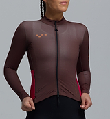 Women's midweight long-sleeve cycling jersey, brown/maroon with pink side panels; thermal brushed interior, breathable moisture-wicking fabric, articulated sleeves, hem gripper, SAB two-way zipper, four rear pockets